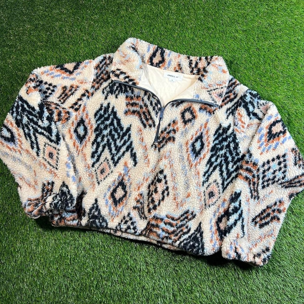 O'Neill Sierra Tribal Womens M Cream Aztec Sherpa 1/4 Zip Fleece Pullover Jacket